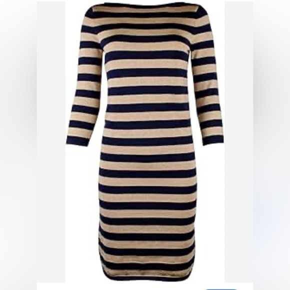 Lauren Ralph Lauren Metallic Striped Dress - Gold & Navy Blue Boatneck Large - Picture 1 of 7